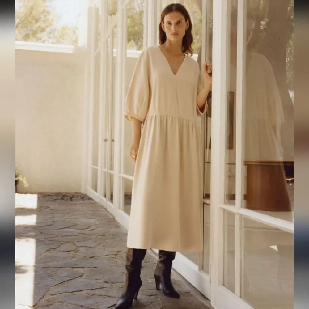 Everlane Tencel The Puff Sleeve Dress Cream Beige White Size M